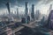 Cityscape of the future with flying vehicles and tall buildings