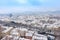 Cityscape of Graz with Mariahilfer church and historic and modern buildings of Graz, Styria region, Austria, with snow, in winter