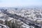 Cityscape of Graz with Mariahilfer church and historic and modern buildings of Graz  Styria region  Austria  with snow  in winter