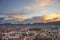 Cityscape of Graz with Mariahilfer church and historic and modern buildings of Graz, Styria region, Austria, at sunset. Dramatic