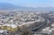 Cityscape of Graz with Mur river and historic buildings rooftops in winter with snow  in Graz  Styria region  Austria