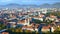 Cityscape of Graz from Schlossberg hill with historic and modern buildings, in Styria region, Austria, in the morning