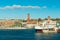 Cityscape of Helsingborg. A ferry which goes between Sweden and Denmark is about to leave the harbor.