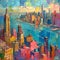 Cityscape from a high vantage point painted in a post-impressionist style