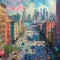 Cityscape from a high vantage point painted in a post-impressionist style