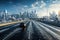 cityscape with highway and skyscrapers, a slippery road covered with ice and snow, blue sky and bright sun, winter season