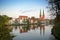 Cityscape of the historic old town of Luebeck at the Malerwinkel, that means painter`s corner, with the two towers of the