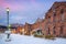 Cityscape of the historic red brick warehouses  at twilight in Hakodate Hokkaido Japan in winter