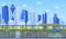 Cityscape infrastructure. Modern city architecture cityscape, urban town panoramic view, subway train, traffic city road