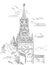 Cityscape of Kremlin Spasskaya tower Red Square, Moscow, Russia isolated vector hand drawing illustration in black color on