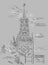 Cityscape of Kremlin Spasskaya tower Red Square, Moscow, Russia isolated vector hand drawing illustration in black and white