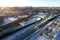 Cityscape and Locomotive runs on winter sunny morning