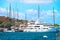 Cityscape with Luxury yachts in marina of Porto Cervo Sardina