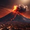 Cityscape with a majestic volcano spewing a spectacular plume of ash and smoke, AI-generated.