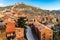 Cityscape of the medieval city of Albarracin with its old stone houses, churches and atmosphere of an ancient town between