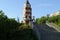 Cityscape of Murmansk - a city in the north of Russia. A beautiful brick lighthouse. We go up the stairs to the lighthouse