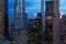 Cityscape of New York skyscrapers at night.