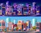 Cityscape at night and daytime, towns set vector