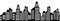 Cityscape outline, city houses seamless border, urban multi-story buildings silhouette, town frame background, black and white