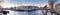 Cityscape, panorama, banner - view of city channel with ships, the city of Leiden