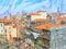 Cityscape of Porto in portugal with street and traditional houses. water color illustration.