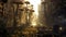 Cityscape of a post-apocalyptic city overwhelmed by fungus illustration