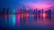 Cityscape with rainbow neon lights at twilight and reflection in the water below. Generative AI