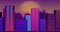 Cityscape retro wave style design. Purple 80s retrowave animation. Cyberpunk futuristic city