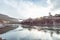 Cityscape of Rishikesh at sunset, holy town on the Ganges River and popular hipster travel destination in India. Toned image, sunb