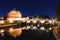 Cityscape romantic night view of Roma. Panorama with Saint Angelo castle and bridge. Famous tourist destination with Tiber. Travel