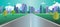 Cityscape scene with road , trees and sky background vector illustration.Main street to fantasy town concept.Urban scene