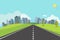 Cityscape scene with road , trees and sky background vector illustration.Main street to town concept