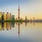 Cityscape of Shanghai and Huangpu River on sunset, beautiful reflection on skyscrapers, China