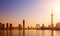 Cityscape of Shanghai at sunrise. Panoramic view of Pudong business district skyline from the Bund