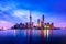 Cityscape of Shanghai at twilight sunset. Panoramic view of Pudong business district skyline from the Bund