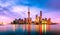 Cityscape of Shanghai at twilight sunset. Panoramic view of Pudong business district skyline from the Bund