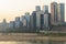 Cityscape and skyline of downtown near Chongqing Dongshuimen Bridge and Yangtze river. Chongqing, China