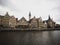 Cityscape skyline panorama of historical Graslei quay from Korenlei Lys leie river in Ghent Flanders Flemish Belgium