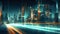 Cityscape with skyscrapers on the background, Highway with motion blur to create vision of fast speed, created with generative AI