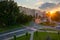 Cityscape of slovakian town in tatra mountans at sunset