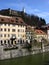 Cityscape of the slovenian capital Ljubljana with castle and river Ljubljanica