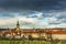 Cityscape of spring Prague, Czech Republic, dark blue sky