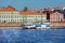 Cityscape of St. Petersburg with the Neva River and hydrofoil ship of the Meteor