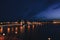 Cityscape of St Petersburg`s Famous Palace Bridge Across the Neva River at Night