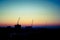 Cityscape sunrise with three construction work cranes silhouette