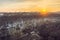 Cityscape sunset, aerial winter view at Dynamo park in Voronezh city from roofto