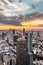 Cityscape, Sunset view of the Frankfurt skyline from the Maintower observation deck in Frankfurt, Germany