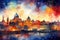 Cityscape Symphony: Vibrant Watercolor Fireworks.