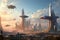 cityscape with towering skycrapers and flying cars, surrounded by futuristic infrastructure