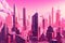 cityscape of towering skyscrapers, with pink futuristic background